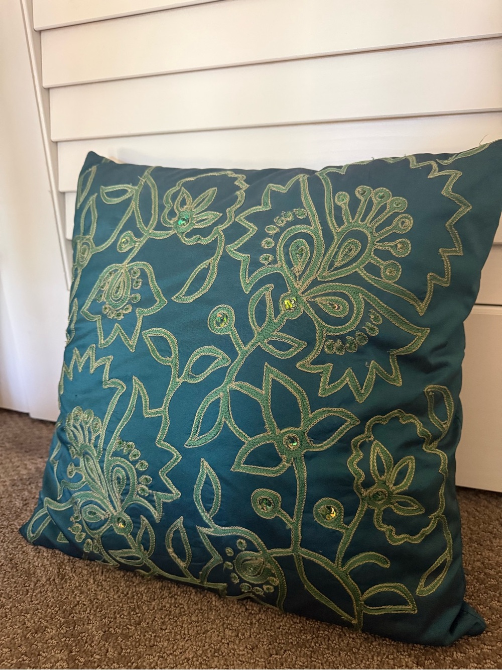 Teal and Green embroidered throw pillow